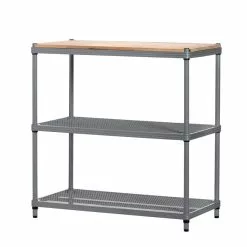 GSC MeshWorks © 3 Tier Plant Shelving With Wood Top -Plant Supports Shop 8613017 04v meshworks 3 tier plant shelf with wood top silver